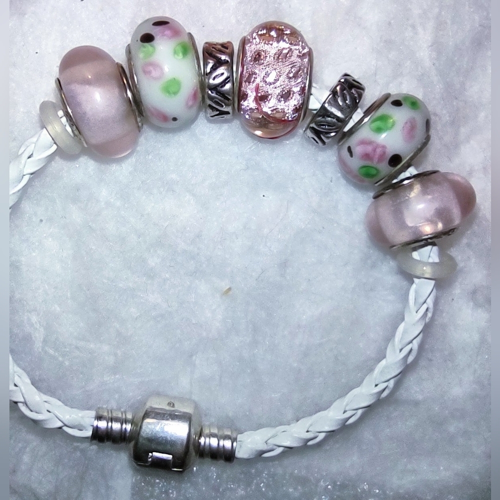Glass Bead Braided Leatherette Pink & White Bracelet - clone listing